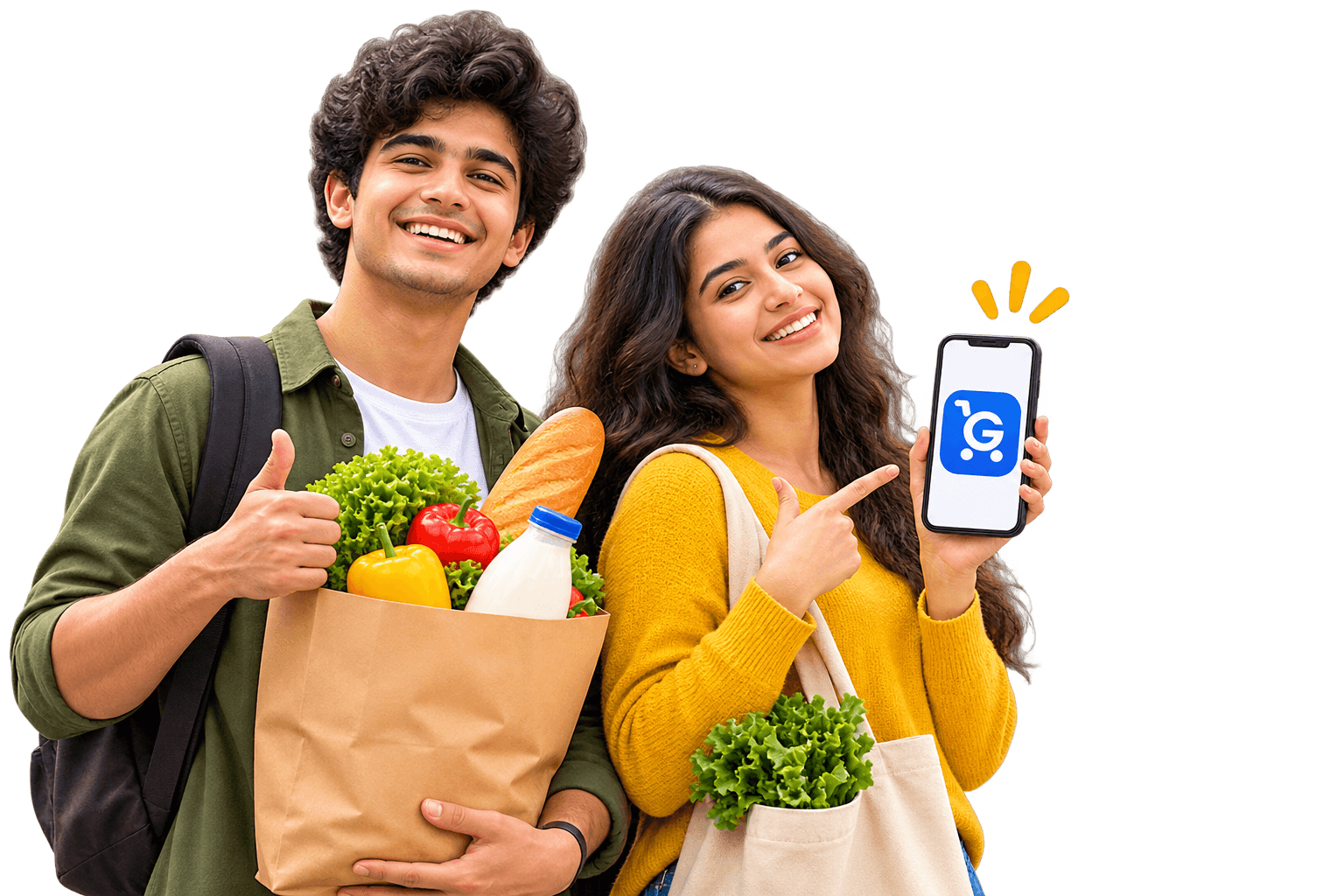 Two young shoppers with grocery bags, one showing the Gloceries app